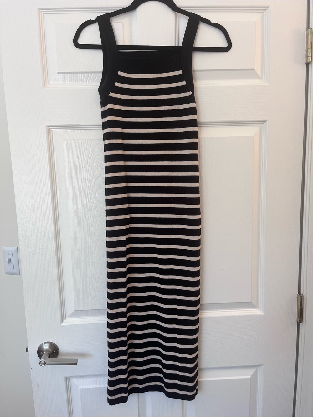 Striped Black and Cream Knit Midi Sweater Dress